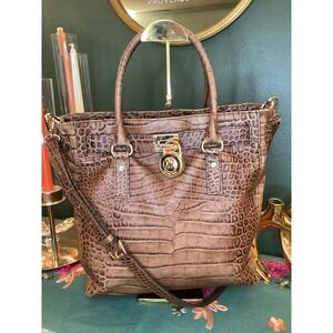 Michael Kors Croc Embossed Leather Tote Bag Gold Hardware Top Handle Bag